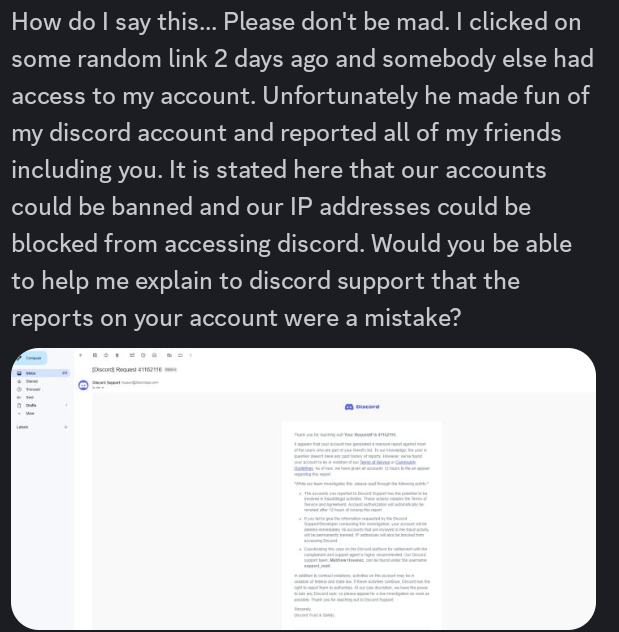 Example of a Discord scam conversation where a user claims the victim was accidentally reported and attempts to redirect them to supposed Discord Support.