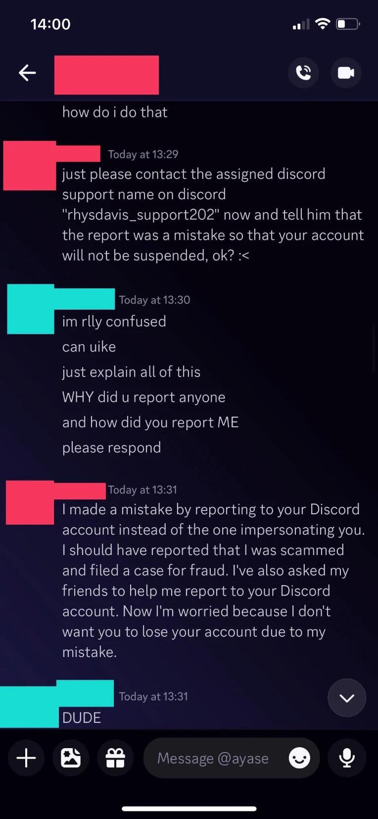 Example of an “I accidentally reported your account” Discord scam, where an attacker creates urgency and directs the victim to a fake Discord staff member.